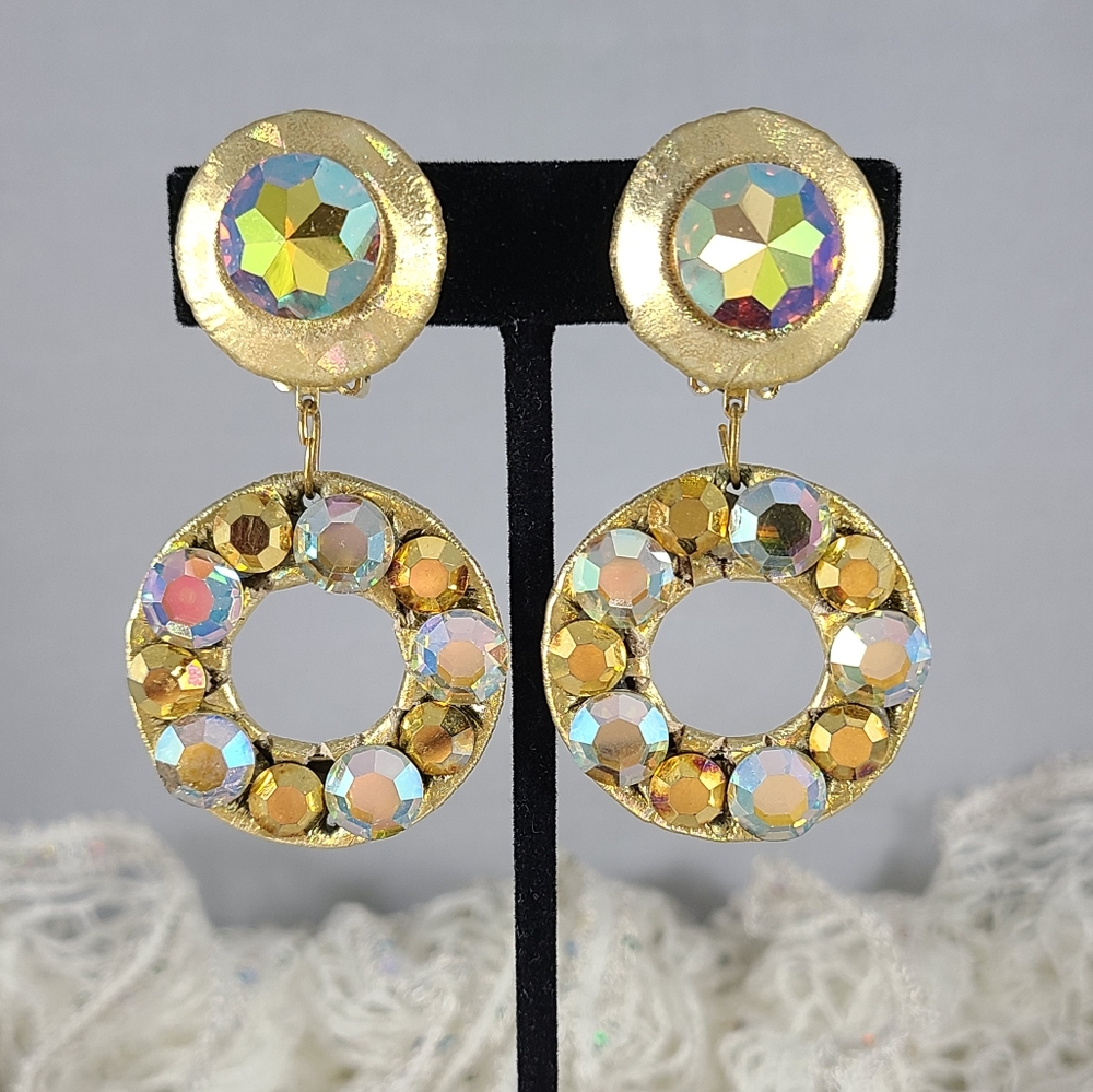 Chunky gold tone rhinestone clip on earrings